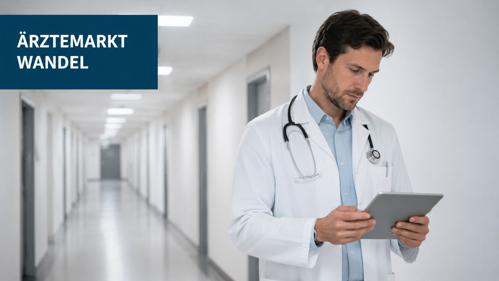 Ein Arzt mit Stethoskop betrachtet konzentriert ein Tablet in einem modernen Krankenhausflur vor einem dunkelblauen Hintergrund.