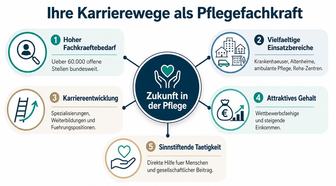 Grafik zeigt fünf gute Gründe für eine berufliche Zukunft in der Pflege und attraktive Karrieremöglichkeiten für Fachkräfte.