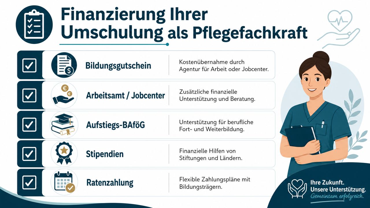 Eine Infografik zur Finanzierung einer Umschulung zur Pflegefachkraft mit verschiedenen Fördermöglichkeiten und Beratungsangeboten.