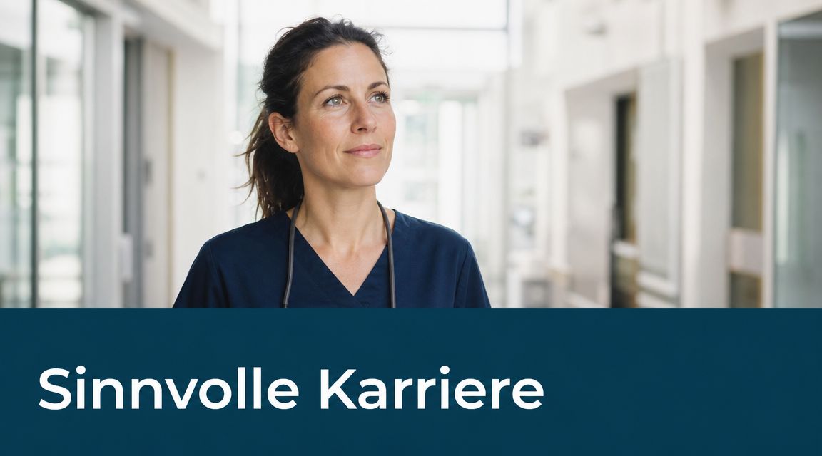 Eine lächelnde Krankenschwester mit Stethoskop blickt nachdenklich in einem hellen Flur einer medizinischen Einrichtung.