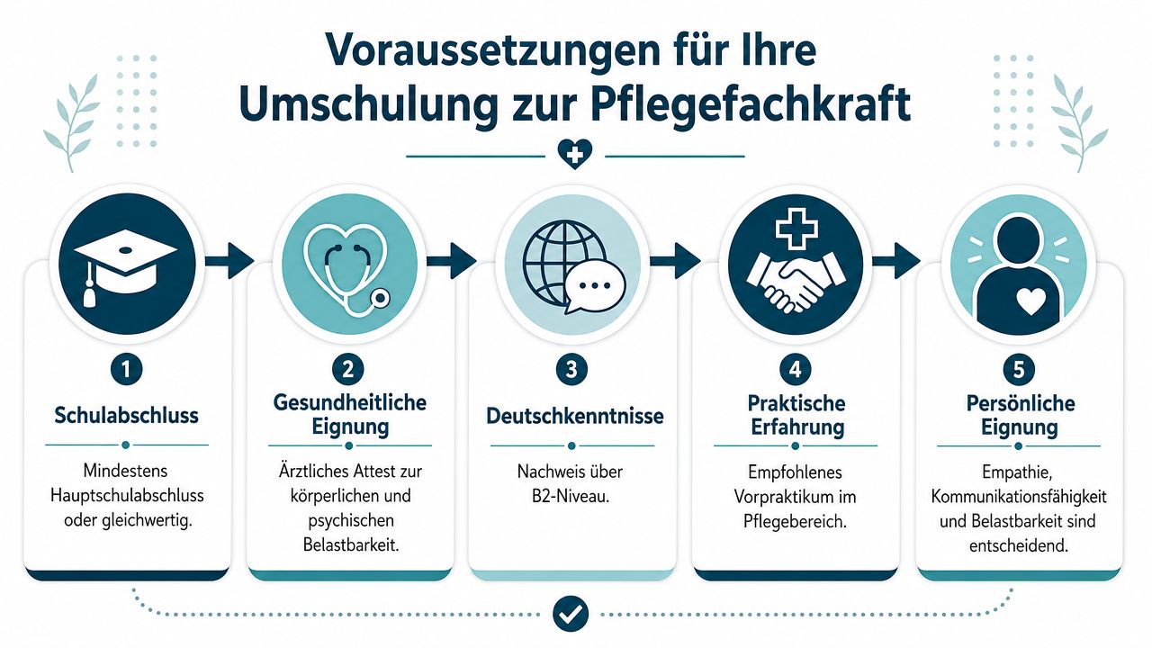 Eine Infografik mit fünf Voraussetzungen für eine Umschulung zur Pflegefachkraft, inklusive Schulabschluss, Eignungsnachweisen und Sprachkenntnissen.