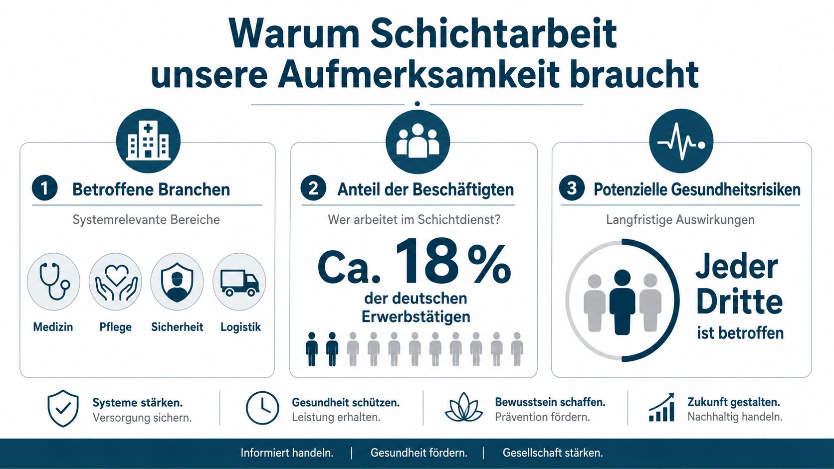 Eine Infografik erklärt, warum Schichtarbeit Aufmerksamkeit benötigt, einschließlich betroffener Branchen, Statistiken zum Schichtdienst und gesundheitlicher Risiken.