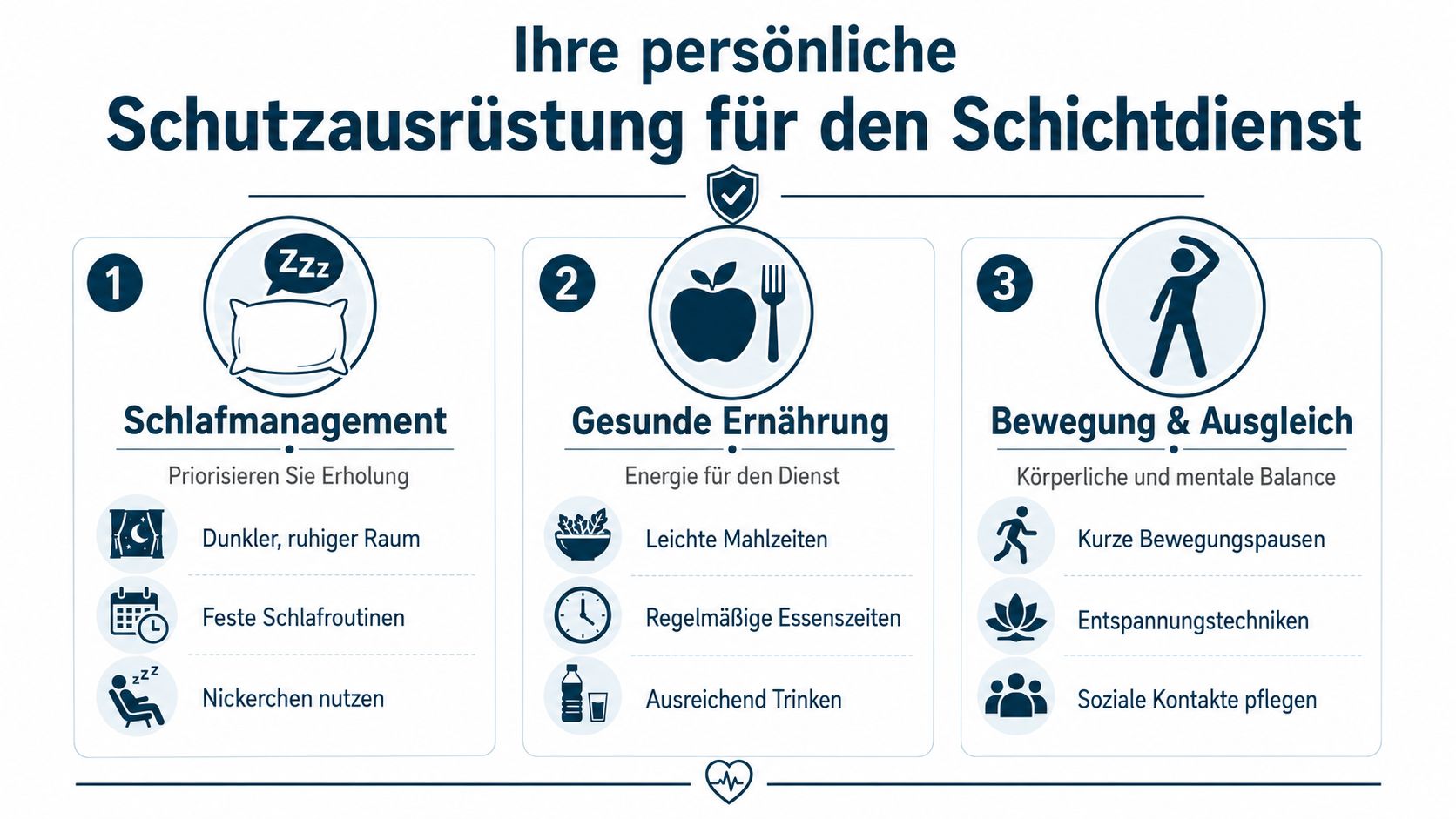Eine Infografik mit drei Tipps für die Gesundheit und das Wohlbefinden bei der Schichtarbeit.