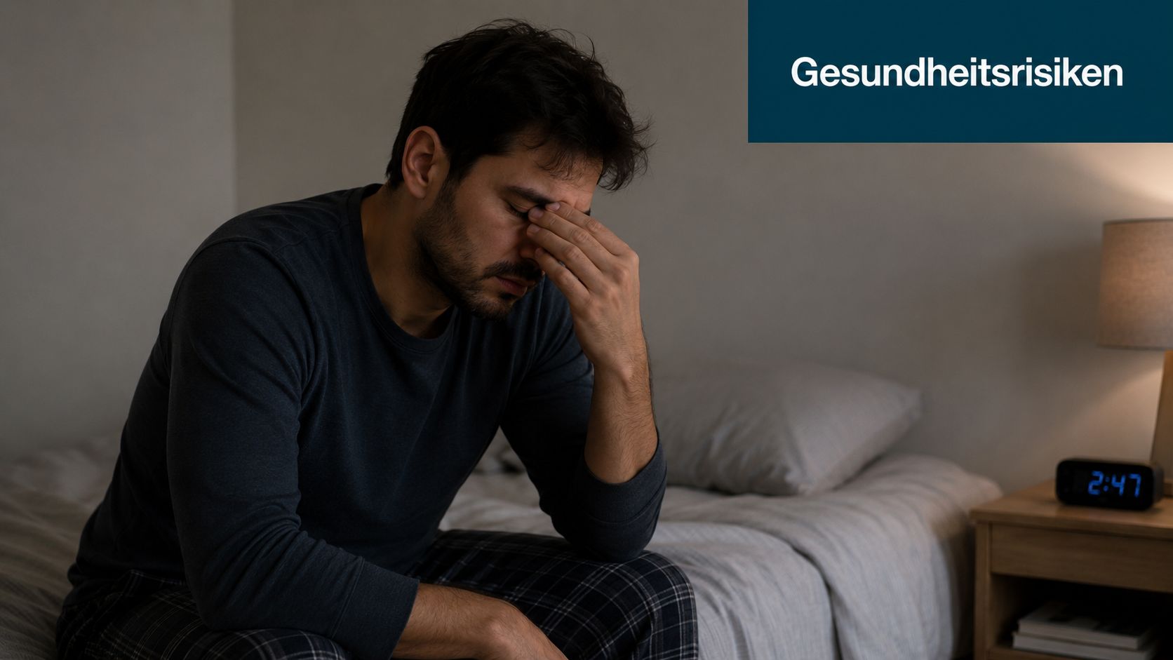 Ein müder Mann sitzt nachts am Bettrand und hält sich nachdenklich die Stirn in einem dunklen Schlafzimmer.