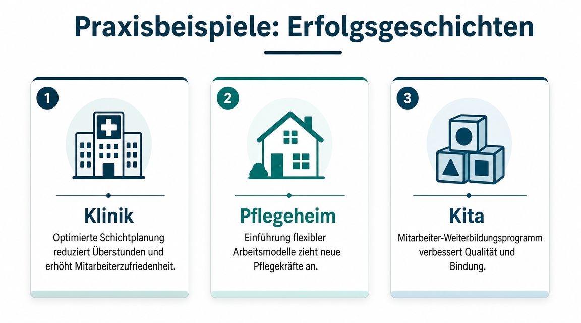 Infografik zeigt drei Erfolgsgeschichten zur Bekämpfung des Fachkräftemangels in Klinik, Pflegeheim und Kita durch optimierte Arbeitsbedingungen.