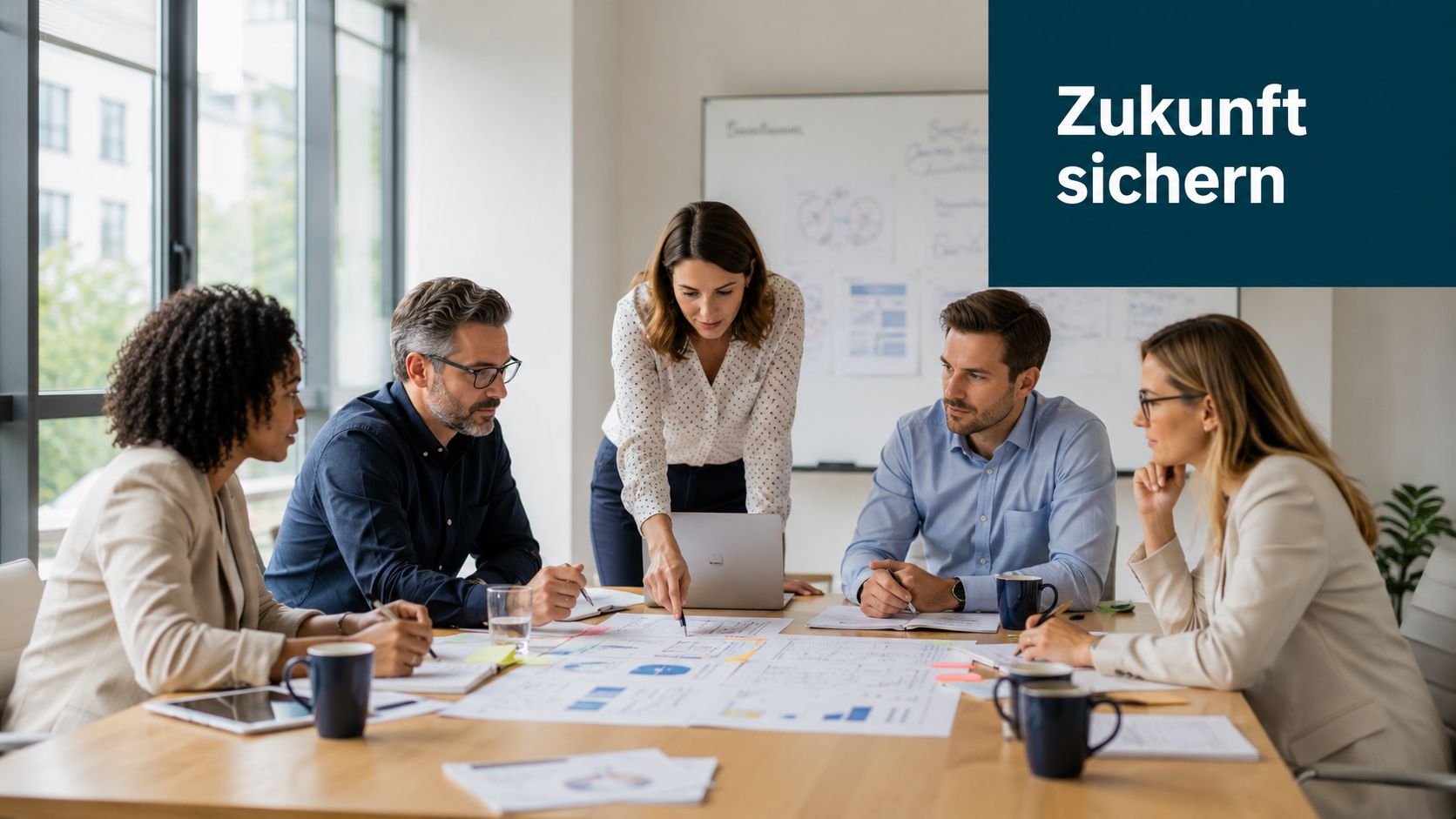 Ein diverses Team von Geschäftsleuten arbeitet gemeinsam an einer Strategie für die Zukunftssicherung im modernen Büro.