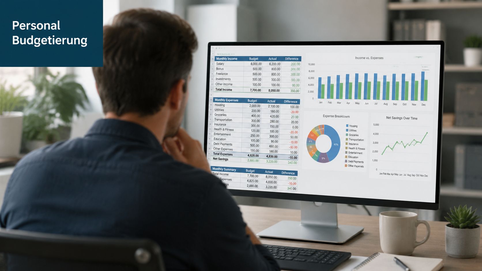 Ein Mann betrachtet eine Budgetübersicht mit grafischen Statistiken und Finanztabellen auf einem Computerbildschirm im Homeoffice.