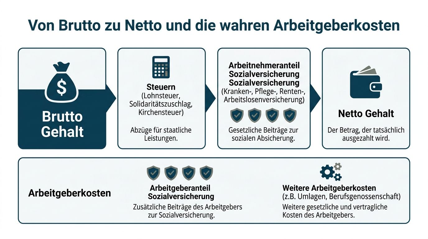 Infografik zur Umrechnung vom Bruttogehalt zum Nettogehalt sowie der Darstellung der tatsächlichen Arbeitgeberkosten in Deutschland.