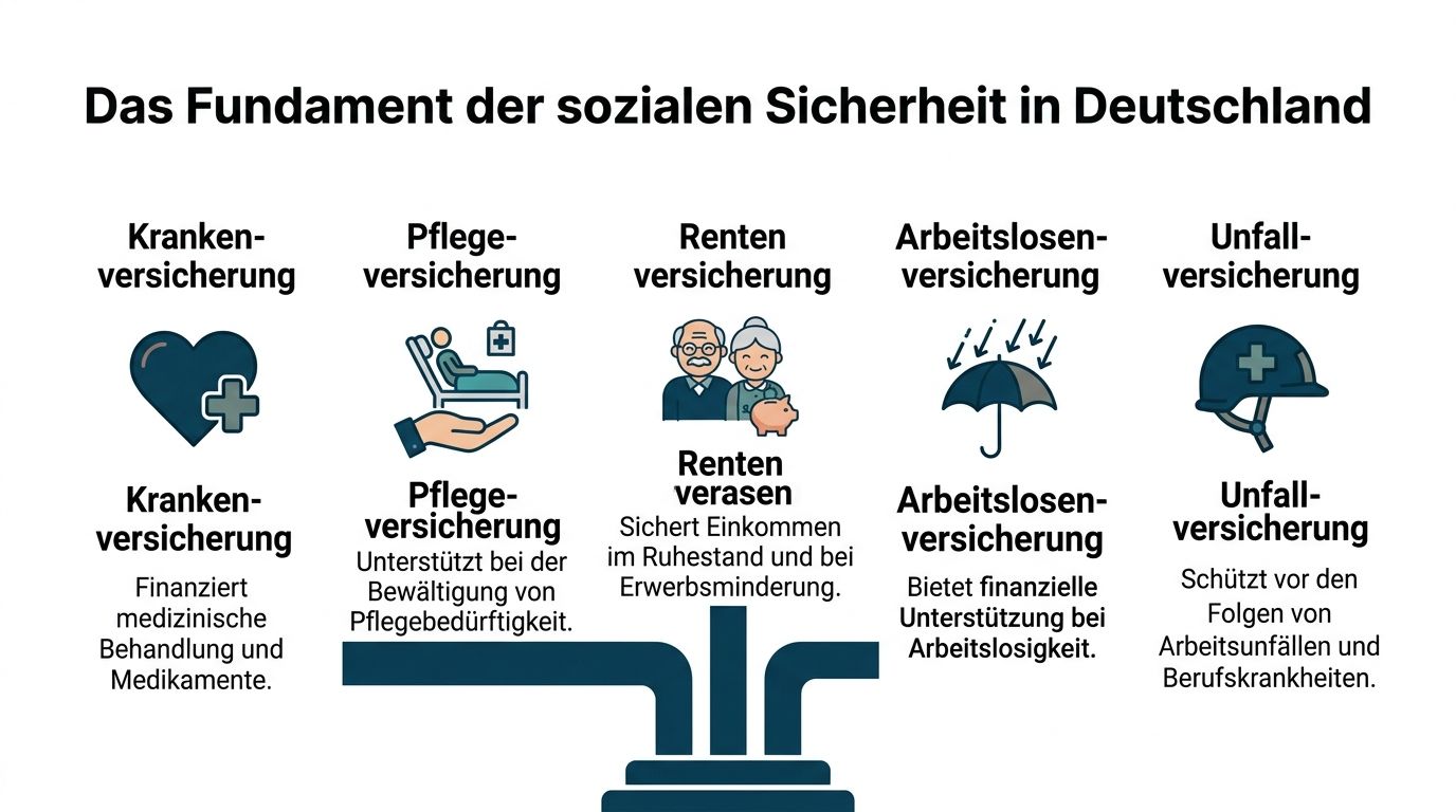 Übersicht über die fünf Säulen der sozialen Sicherung in Deutschland mit ihren jeweiligen Aufgaben und Funktionen.