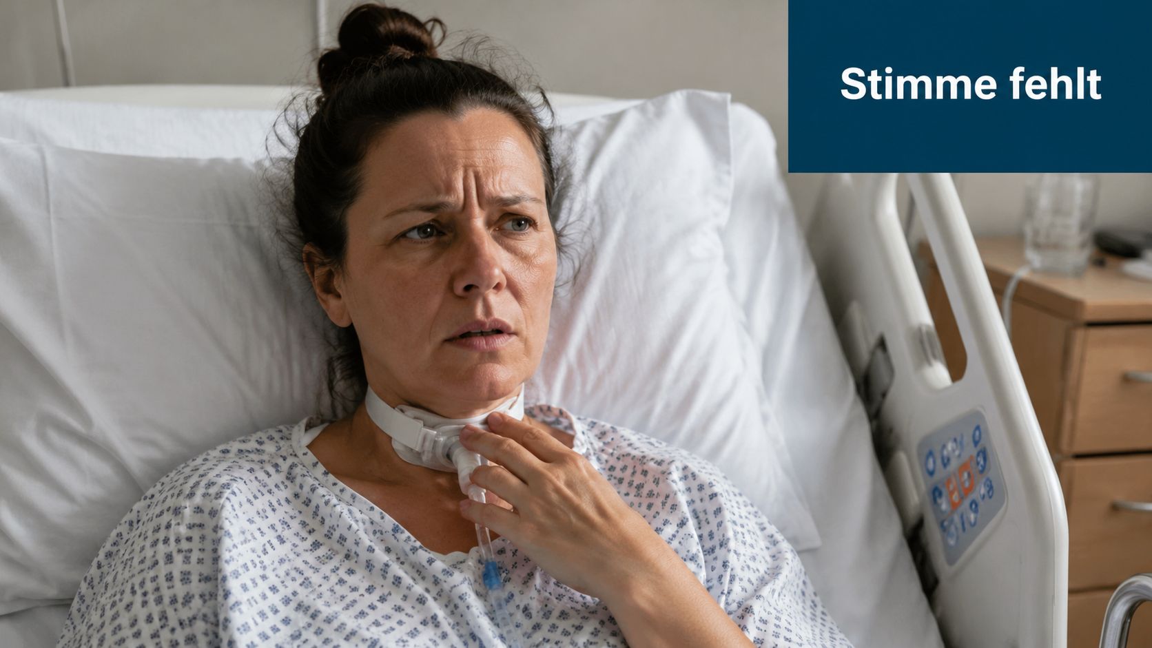 Eine Patientin mit Trachealkanüle liegt besorgt in einem Krankenhausbett und berührt ihren Hals, weil ihre Stimme fehlt.