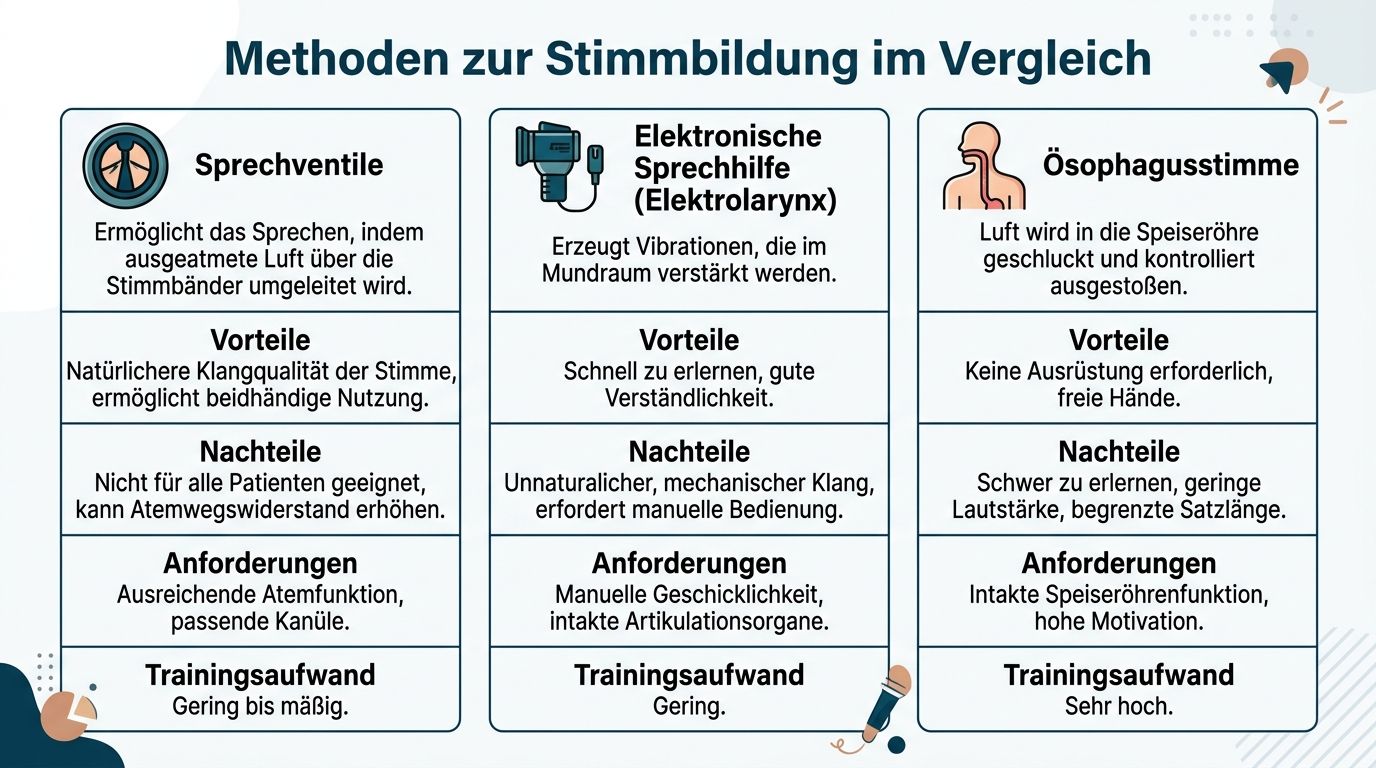 Vergleichstabelle für Methoden zur Stimmbildung bei Patienten mit Luftröhrenschnitt, inklusive Sprechventilen, Elektrolarynx und Ösophagusstimme.