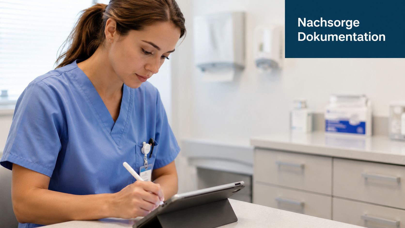 Eine Krankenschwester im blauen Kittel dokumentiert medizinische Daten digital auf einem Tablet in einer Arztpraxis.