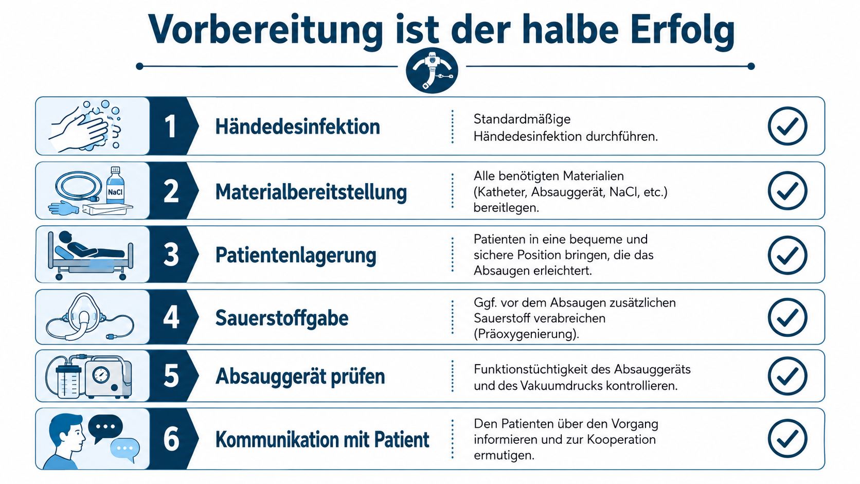 Eine Infografik mit sechs Schritten zur Vorbereitung vor dem Absaugen über eine Trachealkanüle, inklusive Symbolen und Erklärungen.