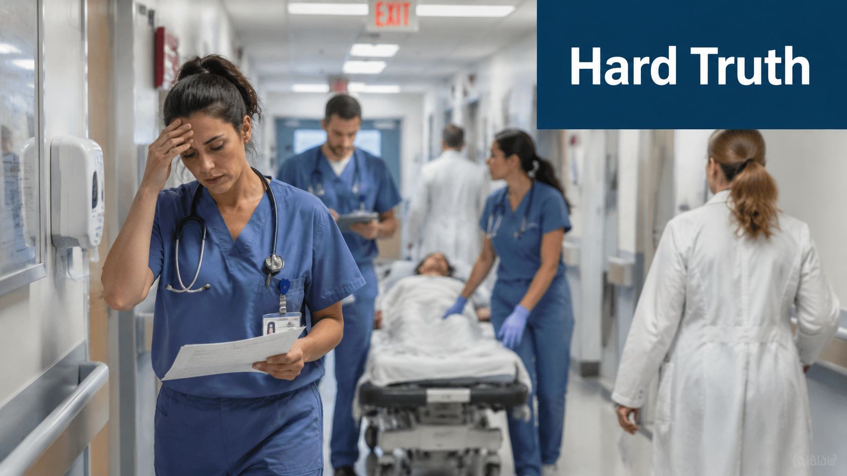 Eine erschöpfte Krankenschwester steht im Krankenhausflur, während im Hintergrund ein Team einen Patienten auf einer Trage transportiert.