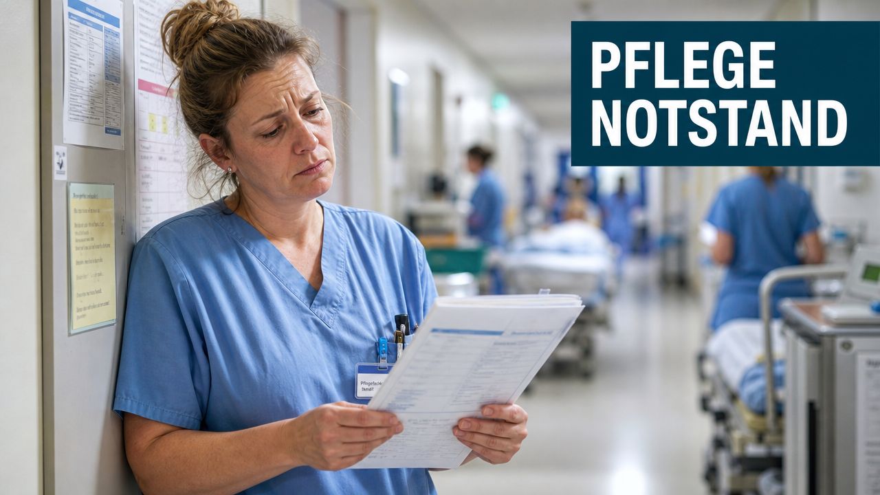 Eine erschöpfte Krankenschwester steht nachdenklich auf einem Krankenhausflur und hält wichtige medizinische Unterlagen in den Händen.
