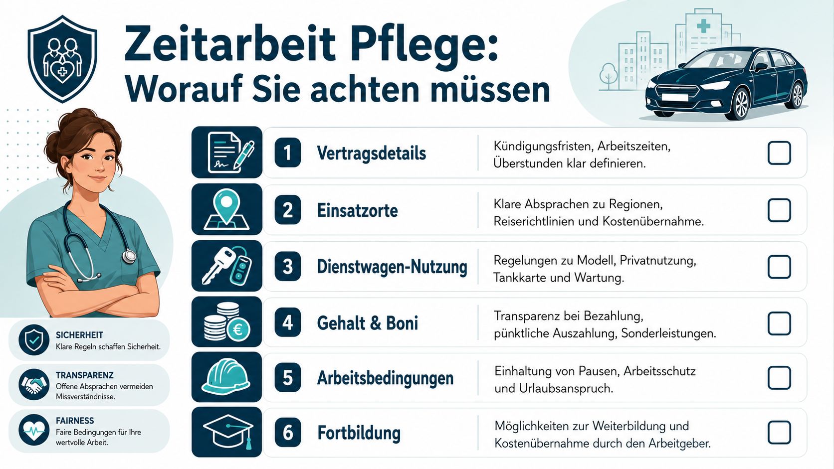 Eine Checkliste für Pflegekräfte in der Zeitarbeit bezüglich Arbeitsverträgen, Dienstwagen und fairen Arbeitsbedingungen.