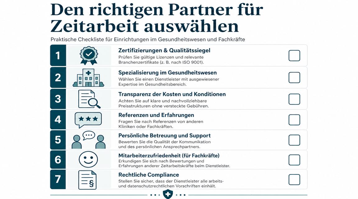 Checkliste zur Auswahl des richtigen Personaldienstleisters für Zeitarbeit im Gesundheitswesen mit sieben wichtigen Kriterien.