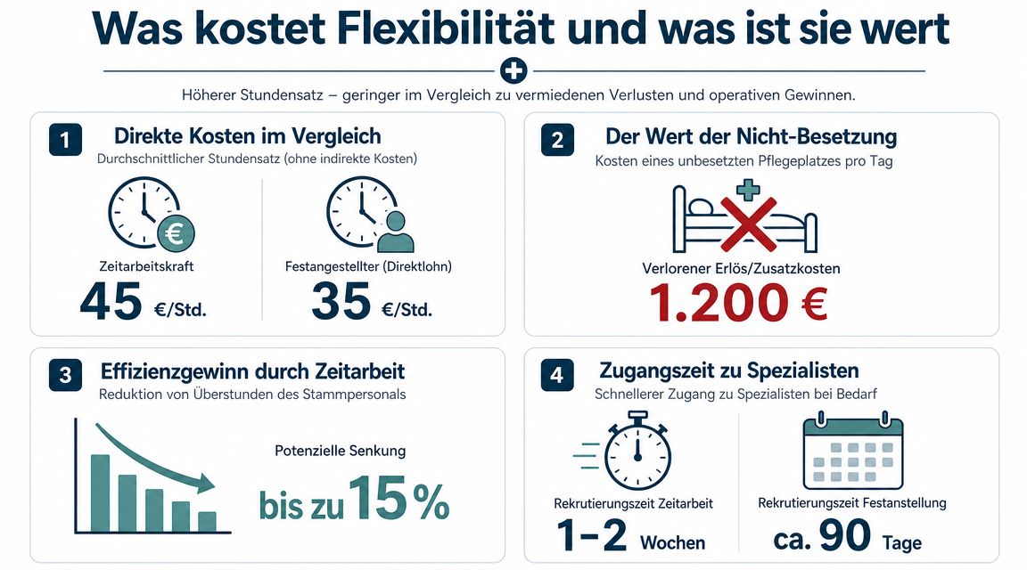 Infografik zum Vergleich von Kosten und Nutzen von Zeitarbeit gegenüber Festanstellungen im Gesundheitswesen.