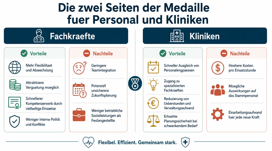 Infografik zeigt Vor- und Nachteile der Zeitarbeit im Gesundheitswesen aus Sicht von Fachkräften und Kliniken.