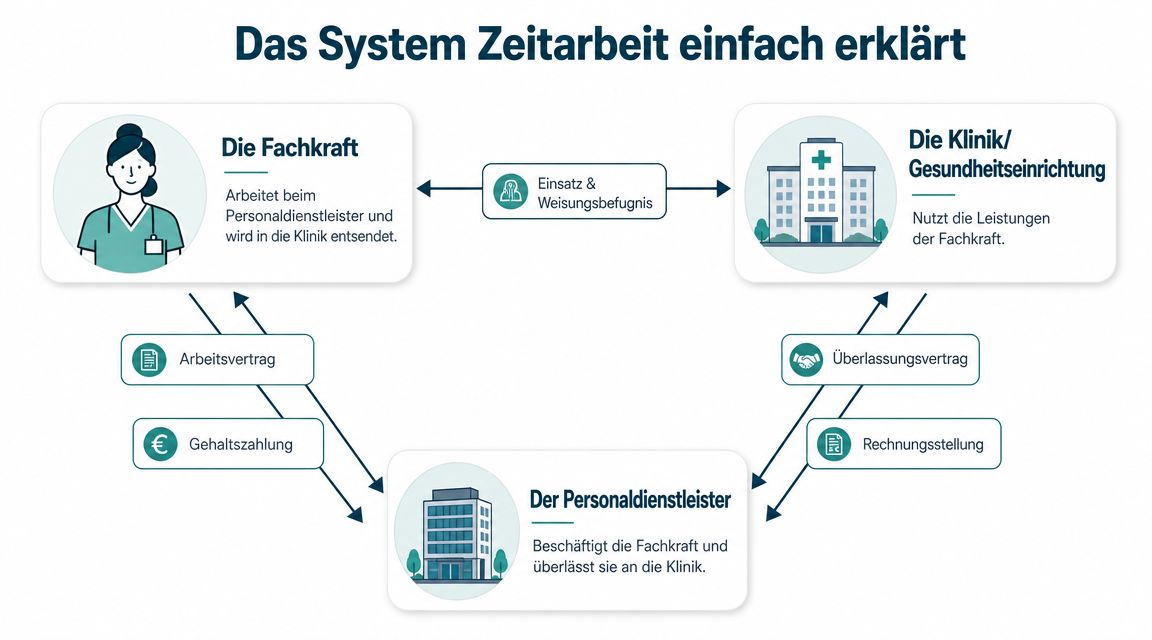 Eine Infografik, die das System der Zeitarbeit im Gesundheitswesen zwischen Fachkraft, Klinik und Personaldienstleister einfach erklärt.