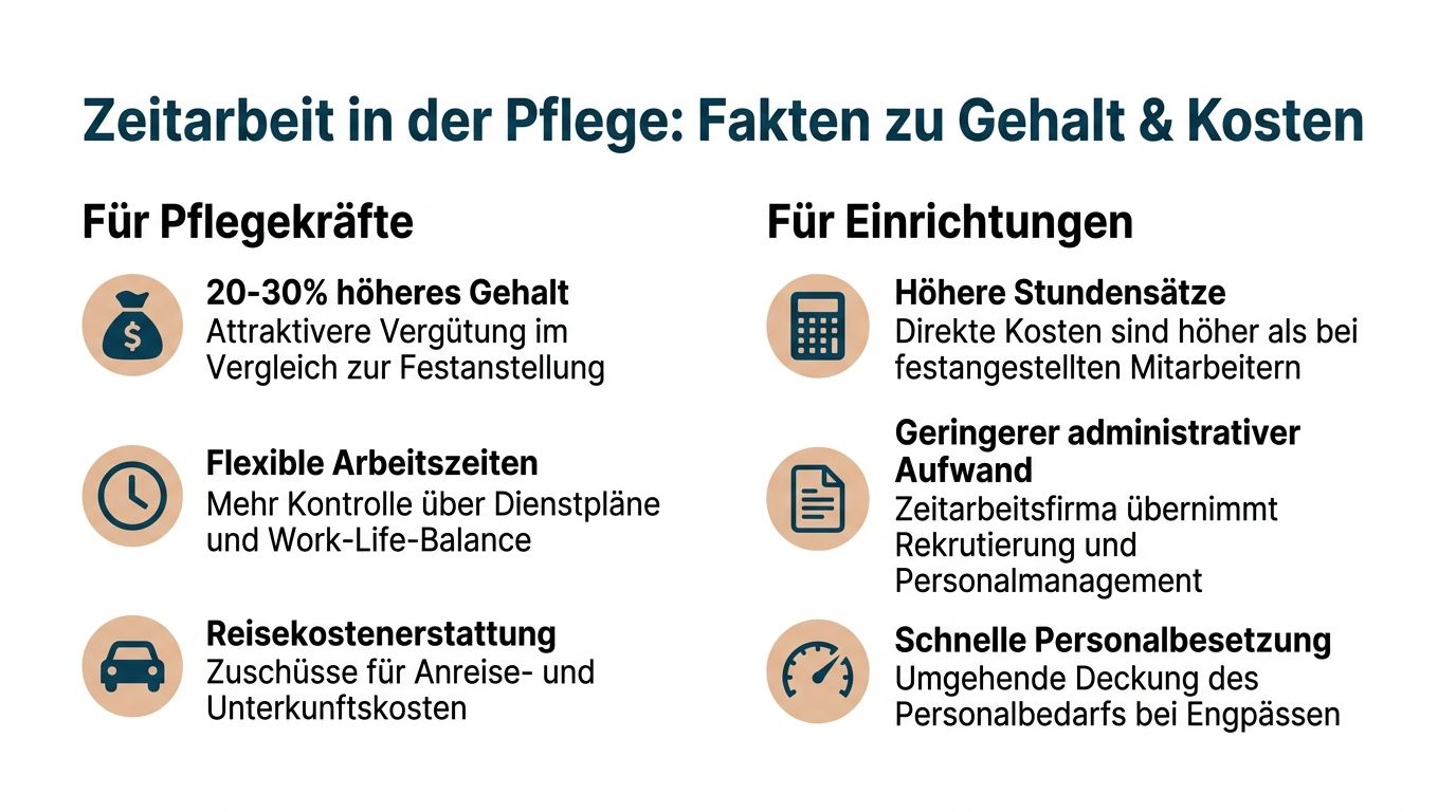 Eine Infografik über die Vor- und Nachteile von Zeitarbeit in der Pflege für Arbeitnehmer und Arbeitgeber.