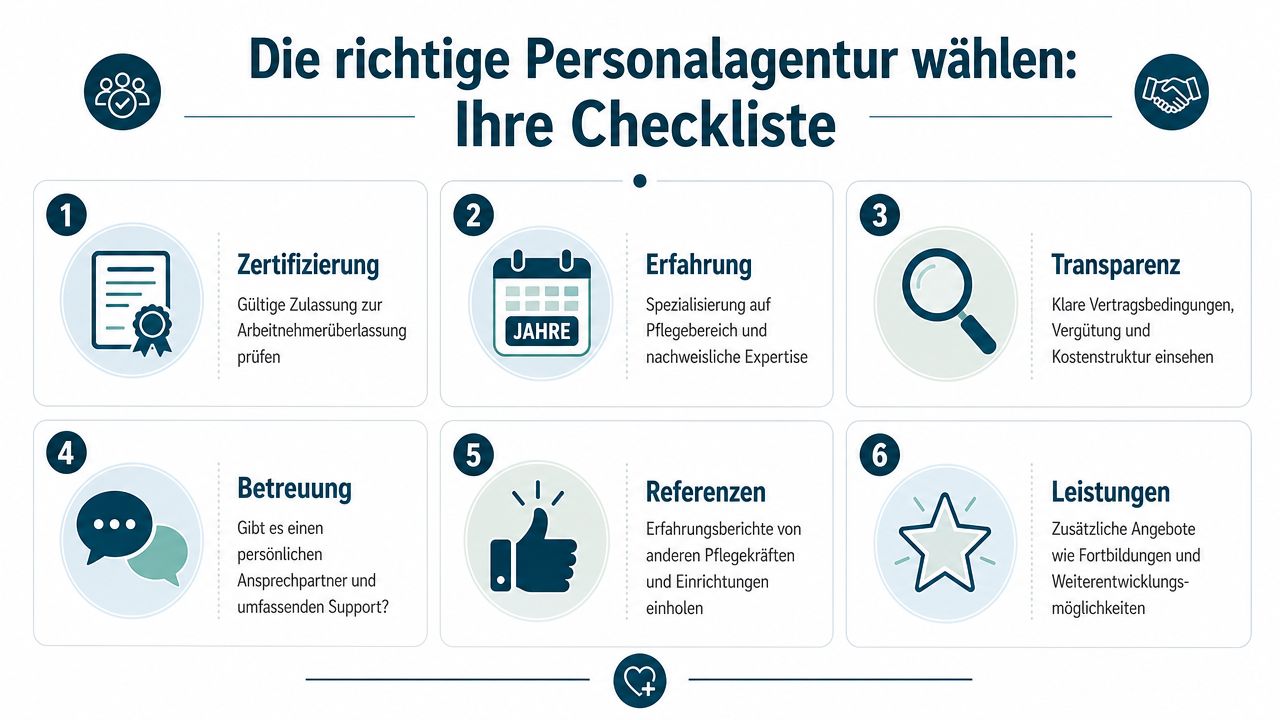 Eine Checkliste in sechs Schritten zur Auswahl der richtigen Personalagentur für Fachkräfte im Pflegebereich.