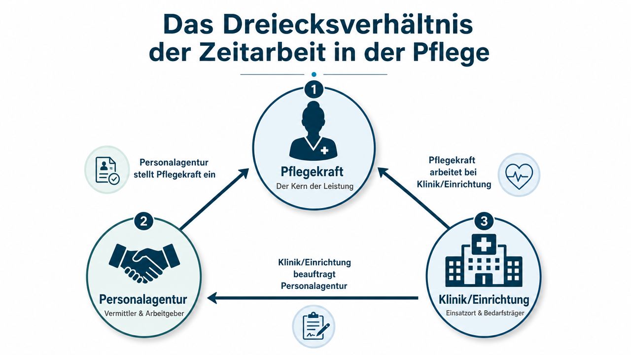 Infografik zum Dreiecksverhältnis der Zeitarbeit in der Pflege zwischen Personalagentur, Pflegekraft und Klinik oder Einrichtung.