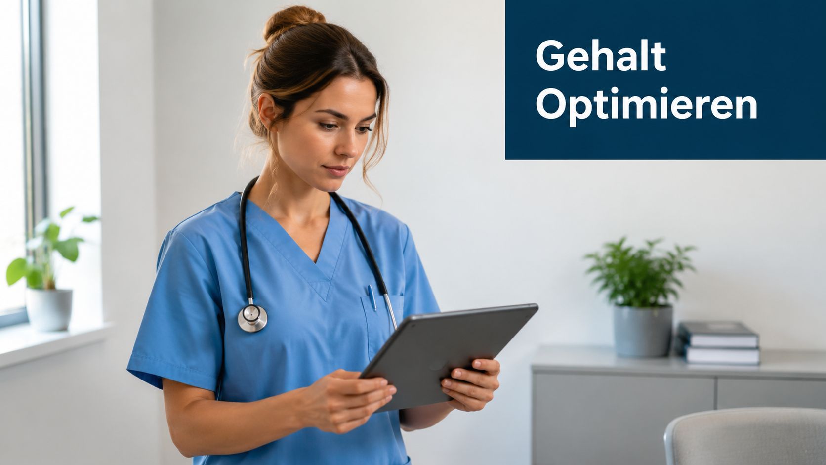 Eine junge Krankenschwester in blauer Arbeitskleidung und Stethoskop betrachtet konzentriert ein digitales Tablet in einer Arztpraxis.