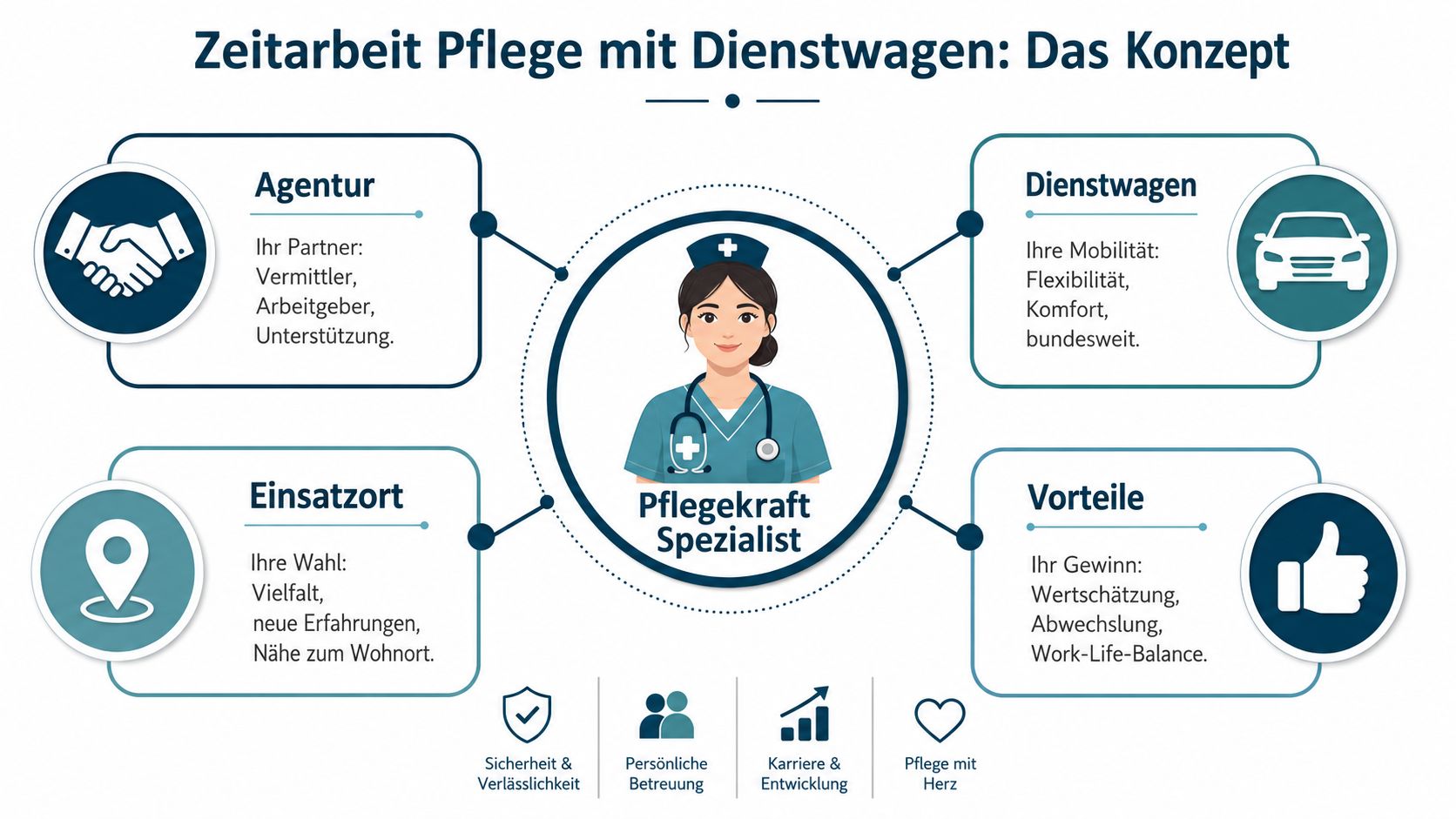 Infografik zum Konzept der Zeitarbeit in der Pflege, inklusive Agentur, Dienstwagen, Einsatzort und weiteren Vorteilen für Pflegekräfte.