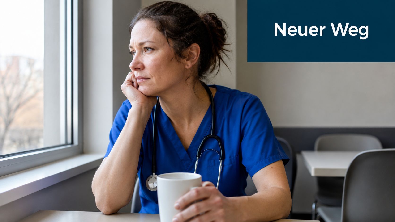 Eine nachdenkliche Pflegekraft in blauer Arbeitskleidung mit Stethoskop schaut nachdenklich aus dem Fenster und hält einen Becher.