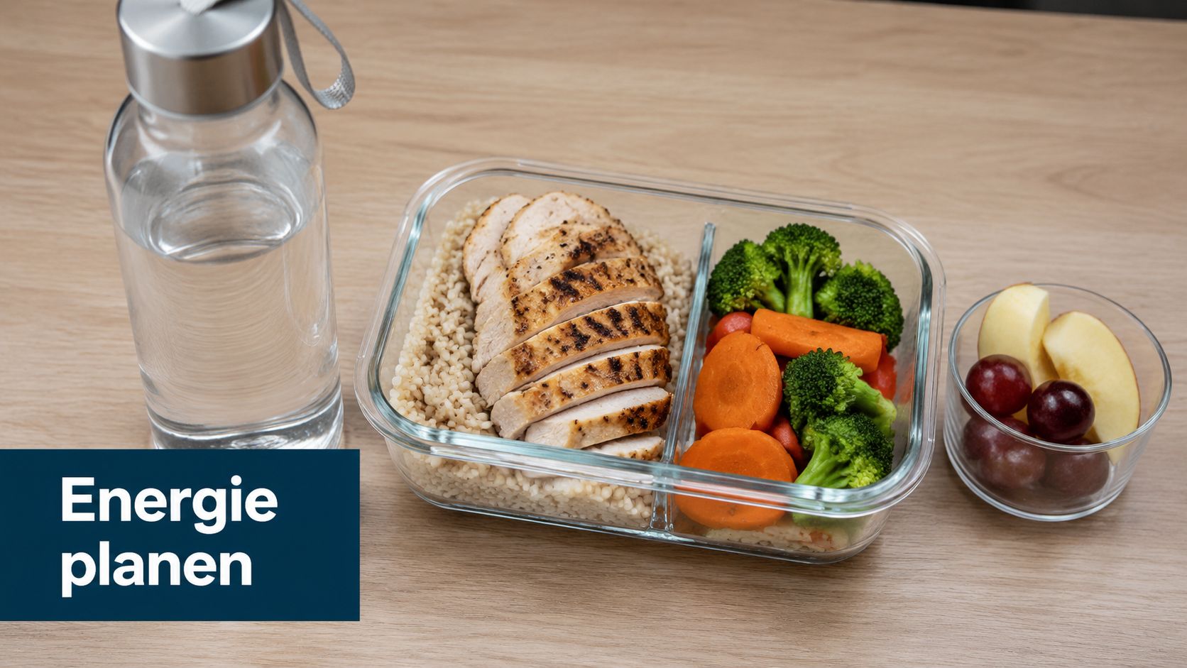 Eine Glasbox mit gebratenem Hähnchen, Reis und Gemüse neben einer Wasserflasche und einer Schale mit Obst.