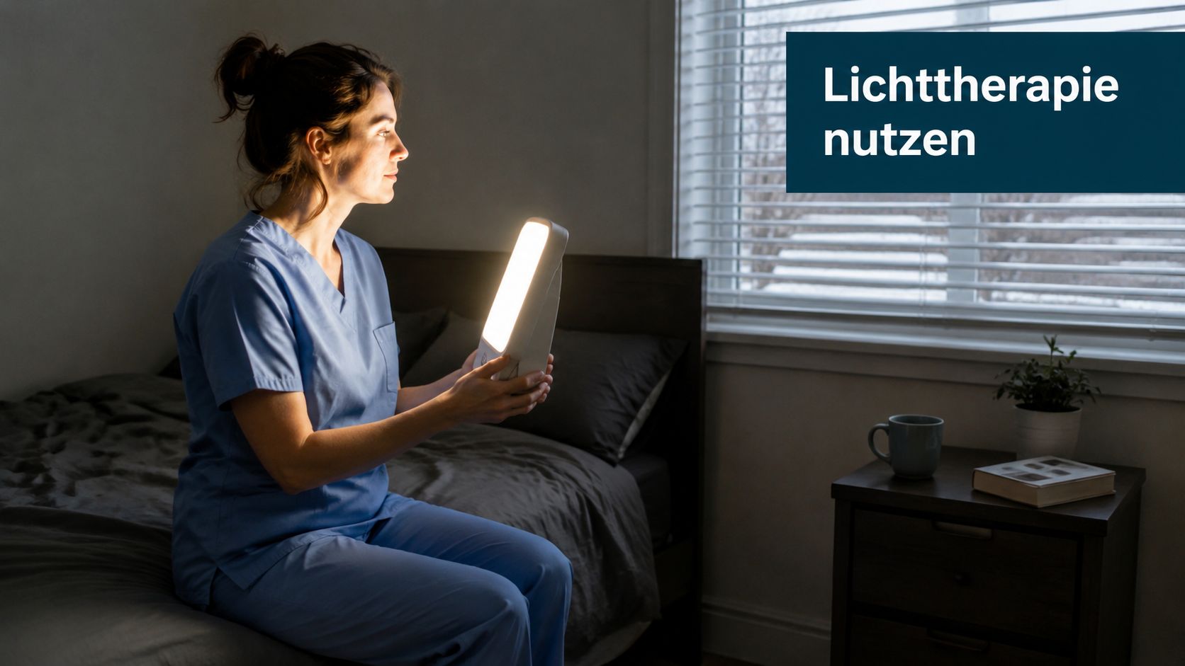 Eine Frau in Arbeitskleidung sitzt auf dem Bett und nutzt eine Lichttherapielampe zur Unterstützung während der Nachtschicht.