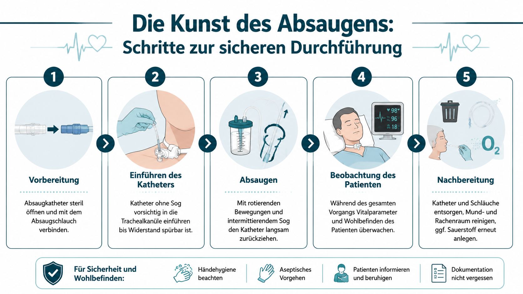 Infografik zeigt die fünf Schritte zur sicheren Durchführung der Absaugung über eine Trachealkanüle für medizinisches Fachpersonal.