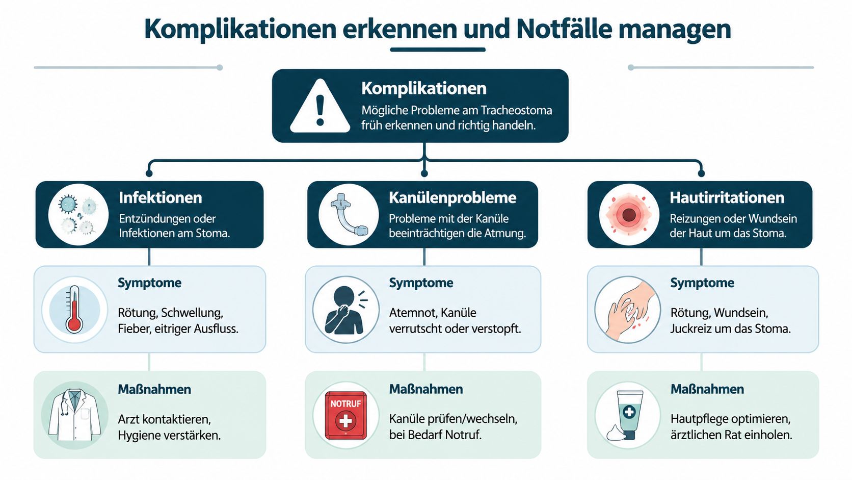 Infografik zur Erkennung und zum Management von Komplikationen, Infektionen und Notfällen bei einem Tracheostoma inklusive geeigneter Maßnahmen.