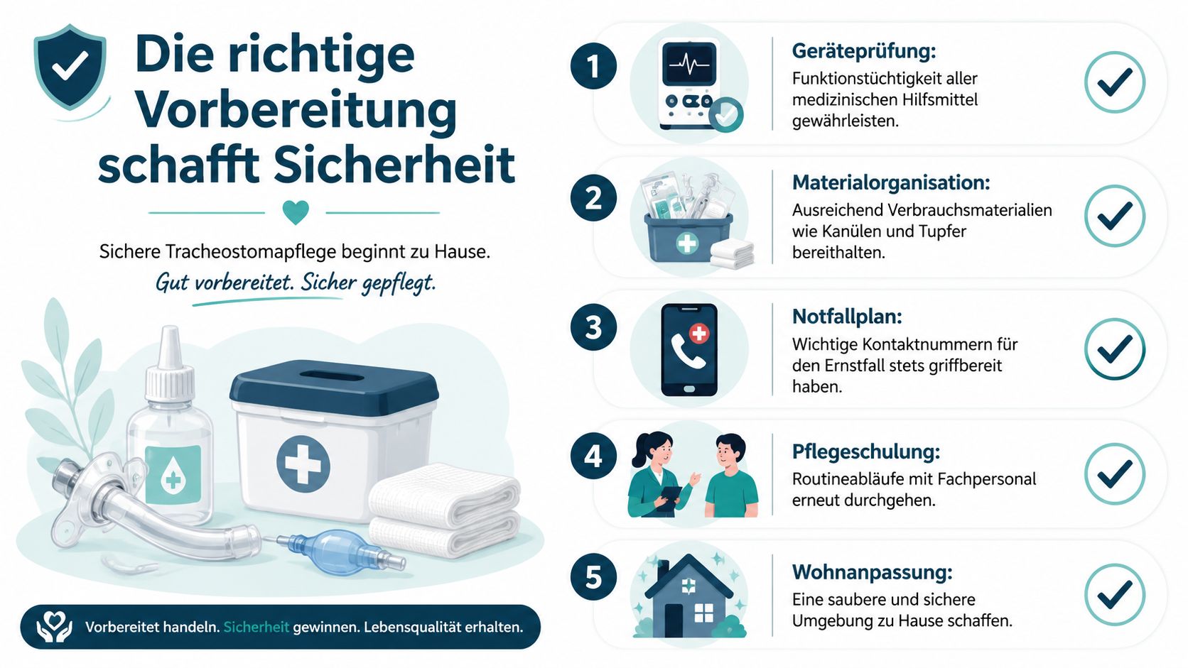 Infografik zur richtigen Vorbereitung der Tracheostomapflege zu Hause mit fünf wichtigen Schritten für mehr Sicherheit.