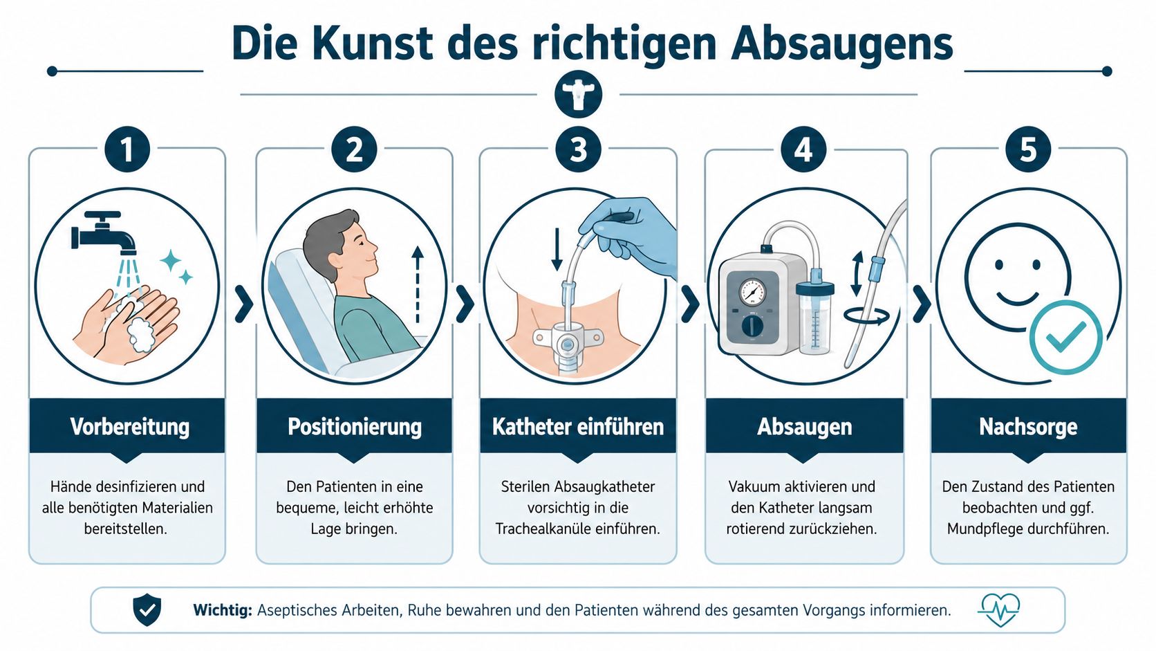 Infografik zeigt die fünf Schritte der korrekten Tracheostoma-Absaugung für die fachgerechte Pflege zu Hause.