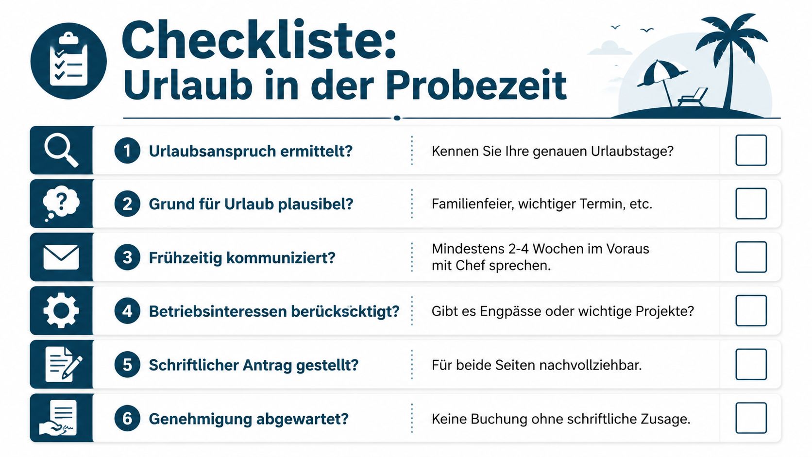Eine Checkliste für Mitarbeiter zur Urlaubsplanung während der Probezeit mit sechs wichtigen Schritten und Tipps.