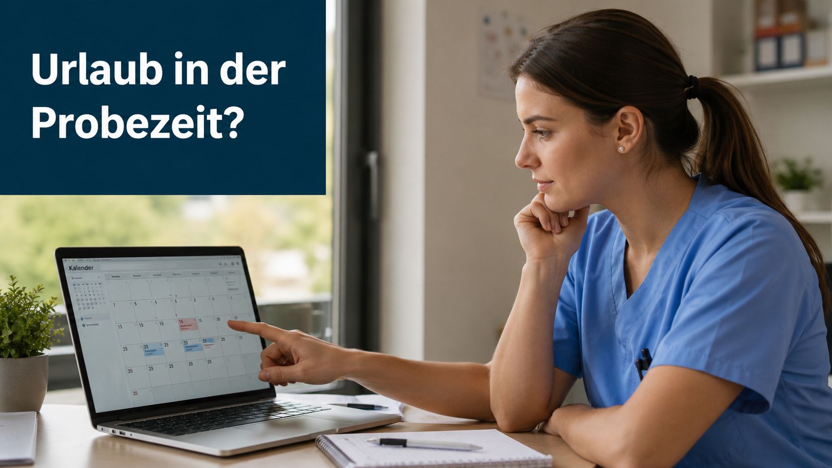 Eine Frau in Arbeitskleidung betrachtet einen digitalen Kalender auf ihrem Laptop bei der Arbeit im Büro.
