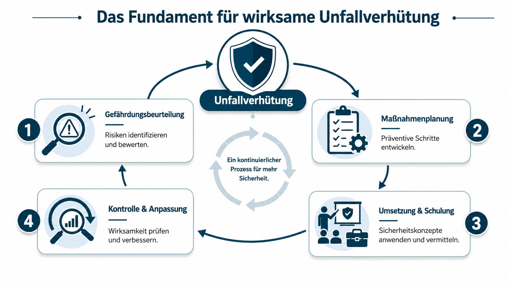 Ein Diagramm zum Prozess der Unfallverhütung mit vier Schritten von der Gefährdungsbeurteilung bis zur Kontrolle und Anpassung.
