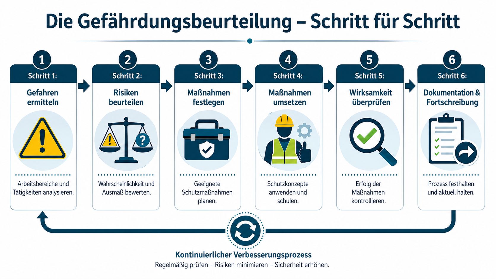 Eine sechsstufige Infografik zur Gefährdungsbeurteilung im Arbeitsschutz mit Prozessablauf vom Ermitteln bis zur regelmäßigen Fortschreibung.