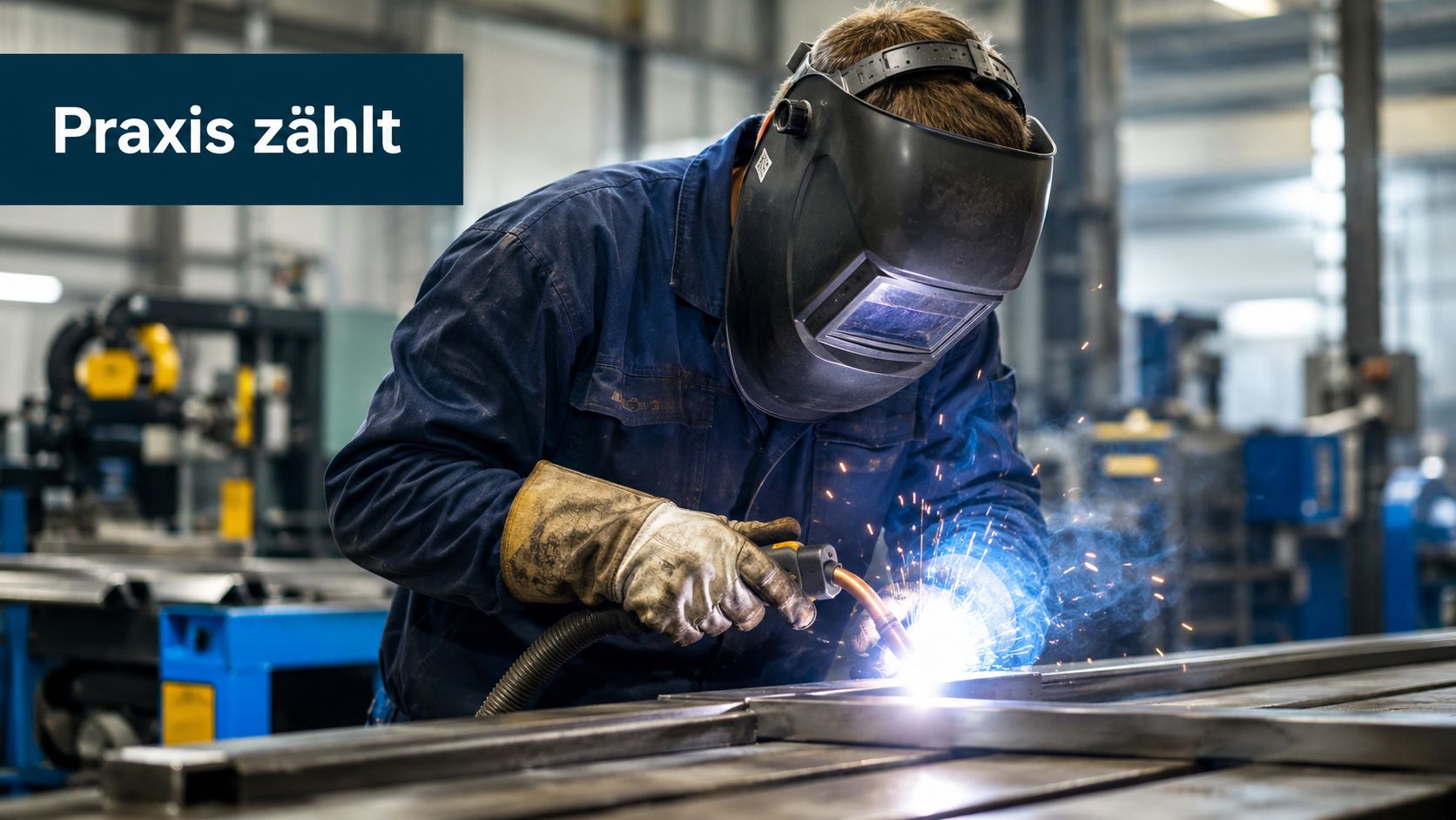 Ein Schweißer mit Schutzmaske und Handschuhen bei der Arbeit an einem Metallstück in einer Werkstatt.