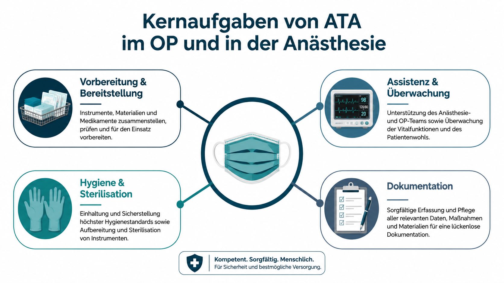 Eine Infografik mit den vier Kernaufgaben eines Anästhesietechnischen Assistenten: Vorbereitung, Überwachung, Hygiene und Dokumentation im Krankenhaus.