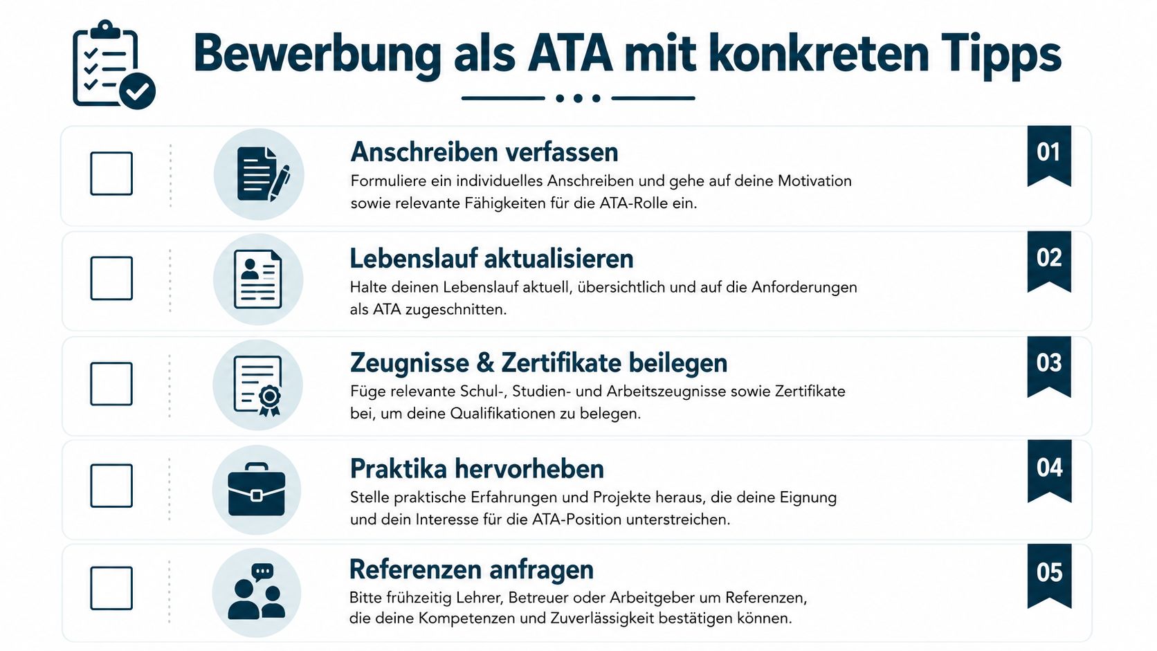 Infografik mit fünf konkreten Tipps für eine erfolgreiche Bewerbung als Anästhesietechnischer Assistent mit einer Checkliste.