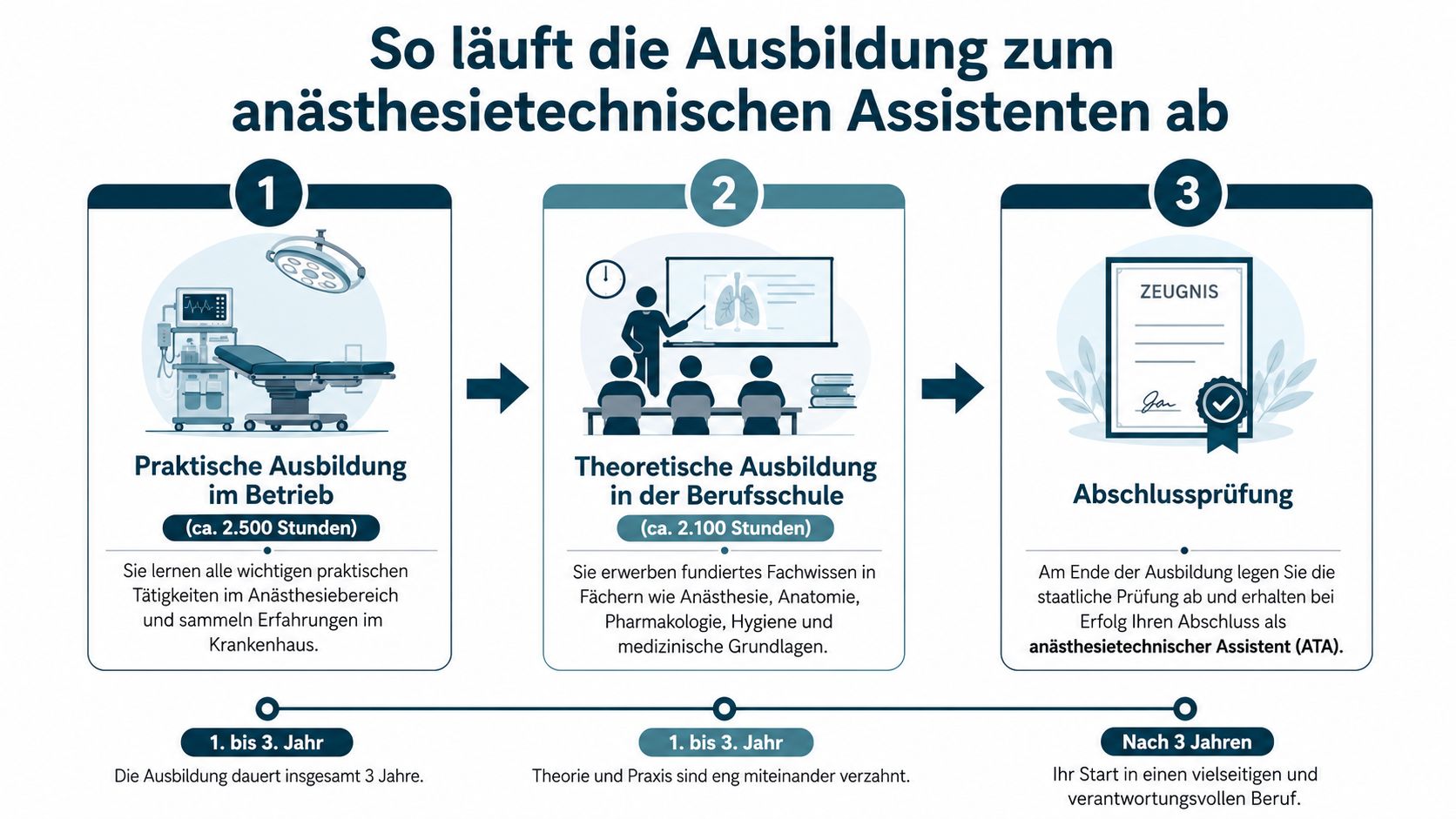 Infografik zum Ablauf der dreijährigen Ausbildung zum anästhesietechnischen Assistenten mit Theorie, Praxis und Abschlussprüfung.