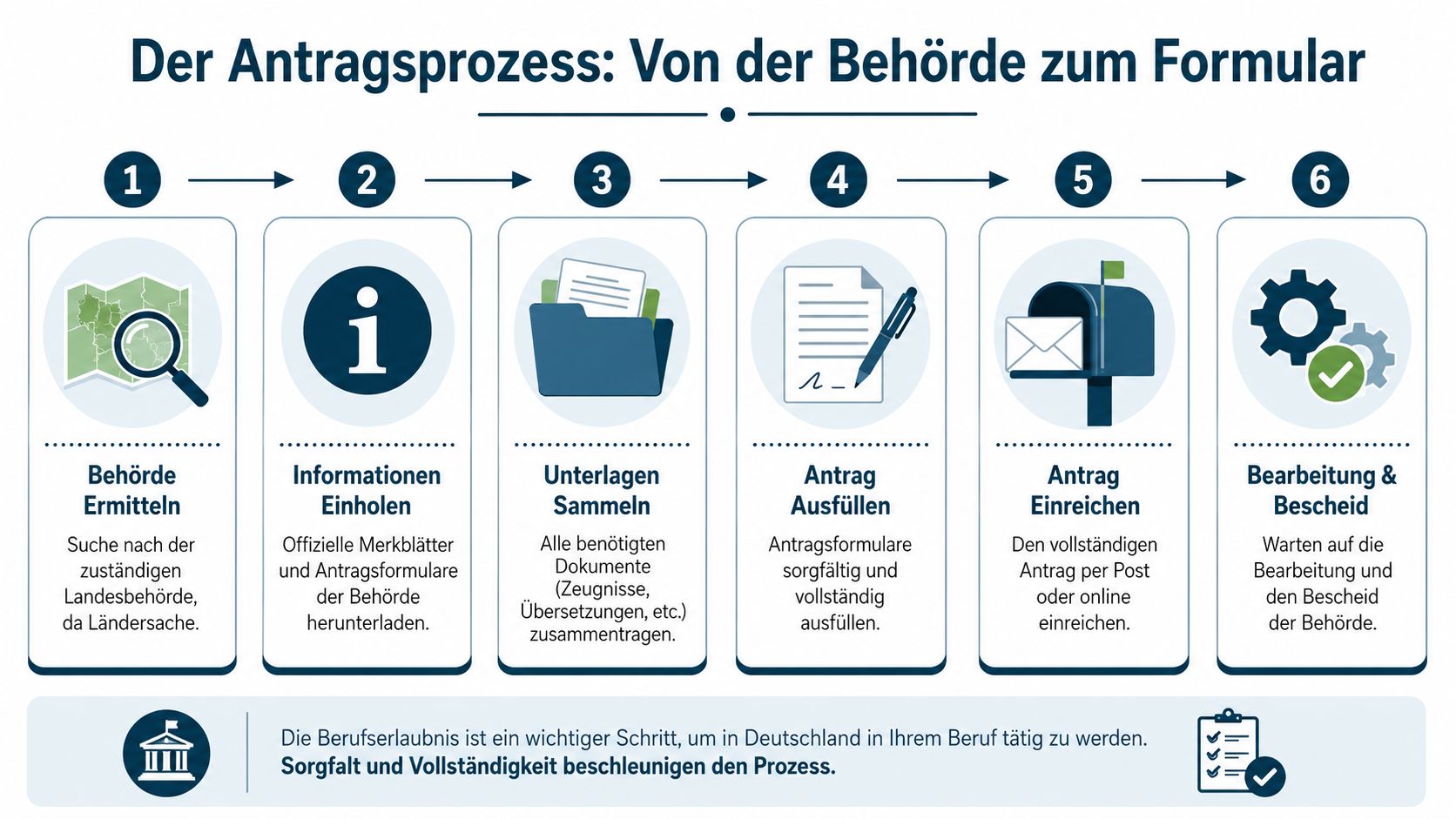 Eine sechsstufige Infografik erklärt den Prozess der Beantragung einer Berufserlaubnis in Deutschland von der Behördensuche bis zum Bescheid.