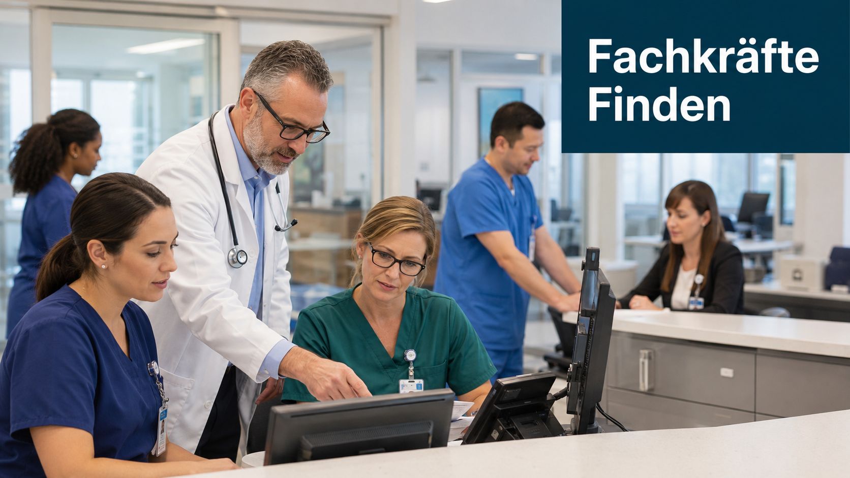 Ein Arzt und Pflegepersonal arbeiten gemeinsam an einem Computer in einem modernen Klinikbereich.
