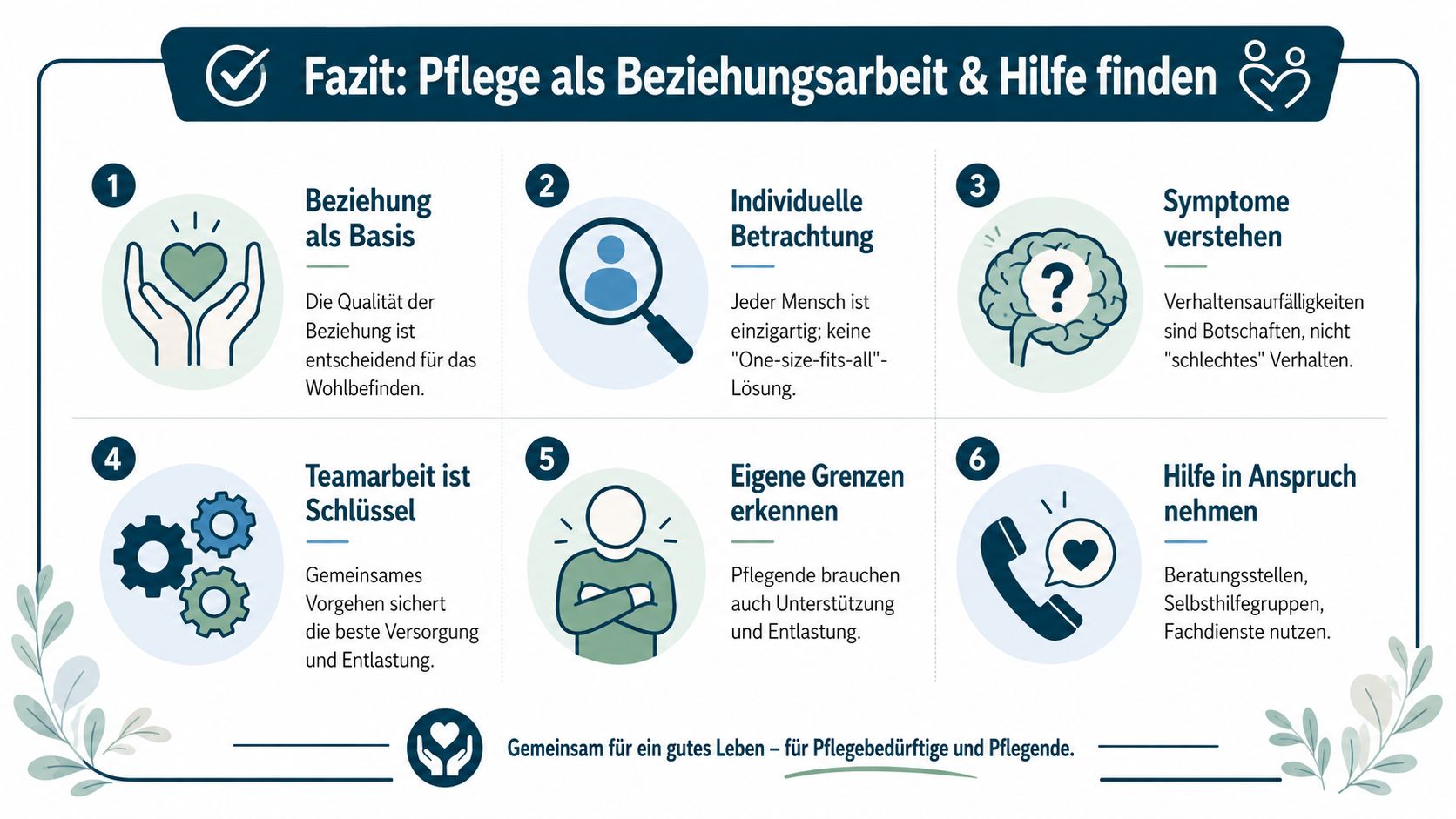 Grafik zur Pflege als Beziehungsarbeit mit sechs Tipps für pflegende Angehörige und ihre Unterstützungsmöglichkeiten.