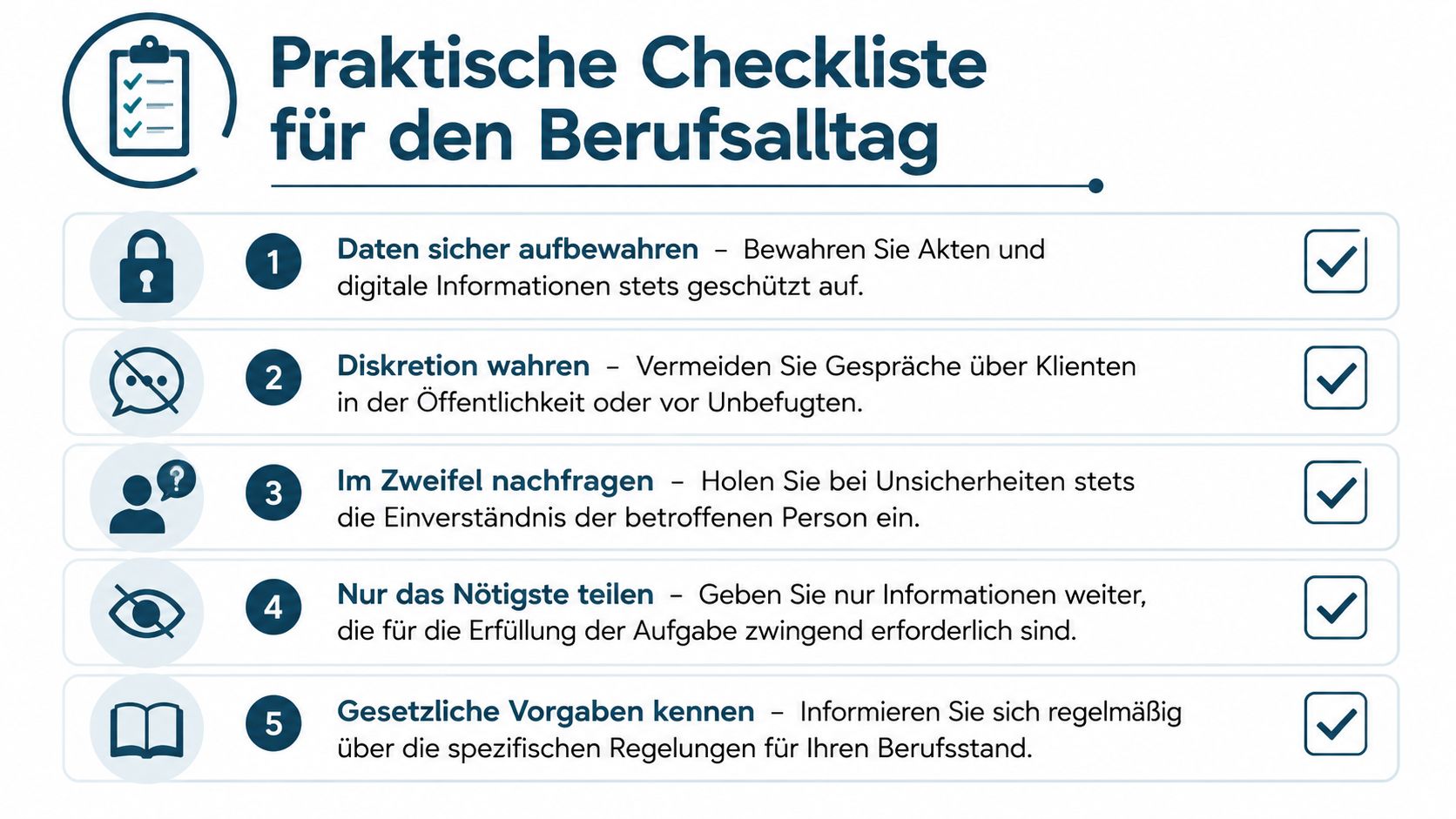Eine praktische Checkliste mit fünf Tipps zur Wahrung der Verschwiegenheitspflicht und zum Datenschutz im beruflichen Alltag.