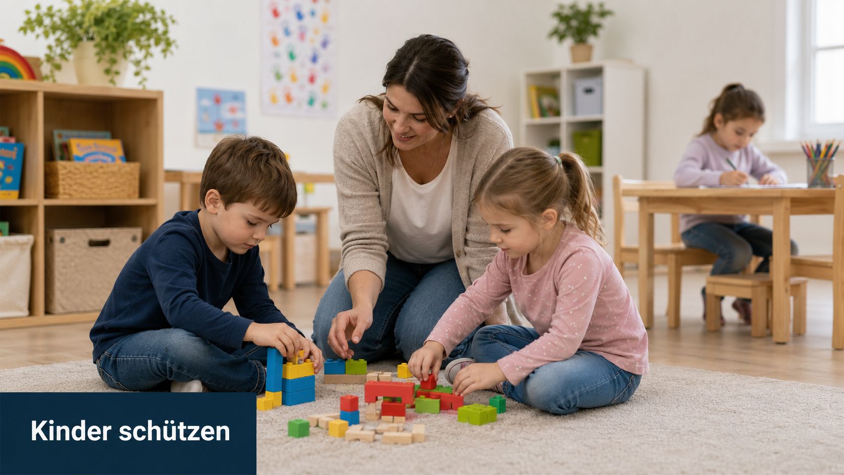 Eine Lehrerin spielt mit Kindern im Kindergarten mit bunten Bausteinen auf dem Boden.