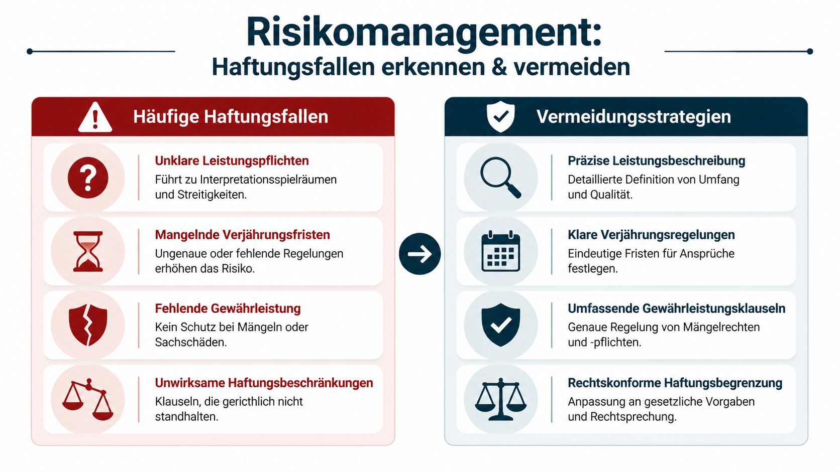 Eine Infografik zum Risikomanagement bei Verträgen, die Haftungsfallen aufzeigt und entsprechende Vermeidungsstrategien zur Risikominimierung empfiehlt.